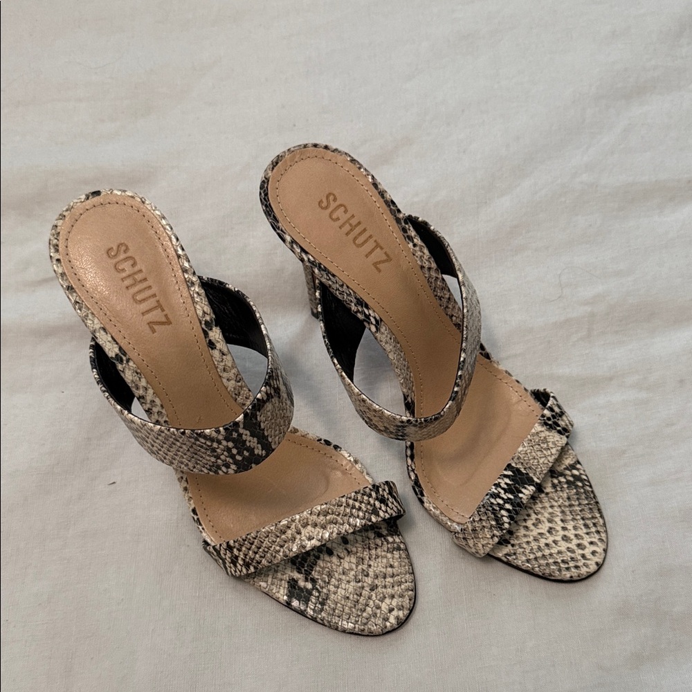 SCHUTZ Snake-Print Open Toe Heeled Sandals in Beige and Black